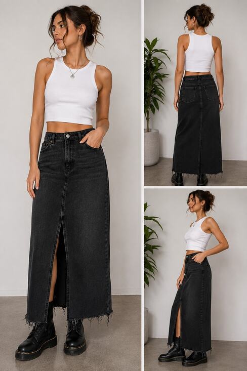 Tinseltown Dresses & Skirts - Tinseltown Black Denim Maxi Skirt Women's Medium High Rise Front Slit Raw Hem